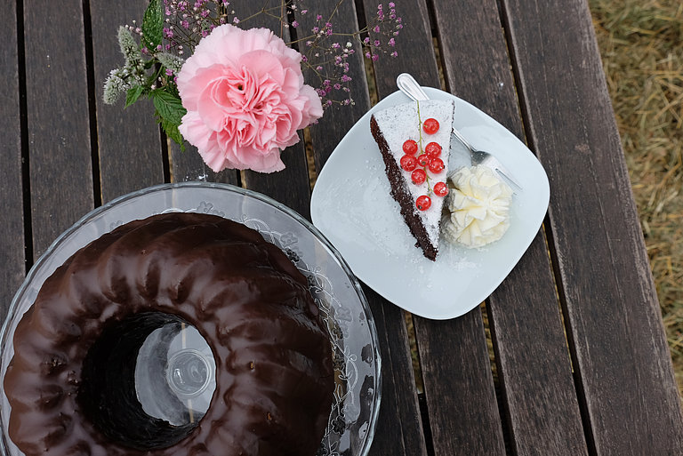 A bundt cake, a piece of chocolate cake and a flower on a wooden table.